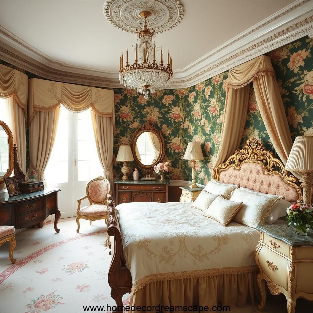 A regency-style bedroom with floral wallpaper, ornate furniture, and lace curtains.