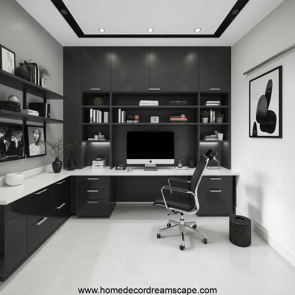 Masculine monochrome home office with a sleek black, grey, and white design.