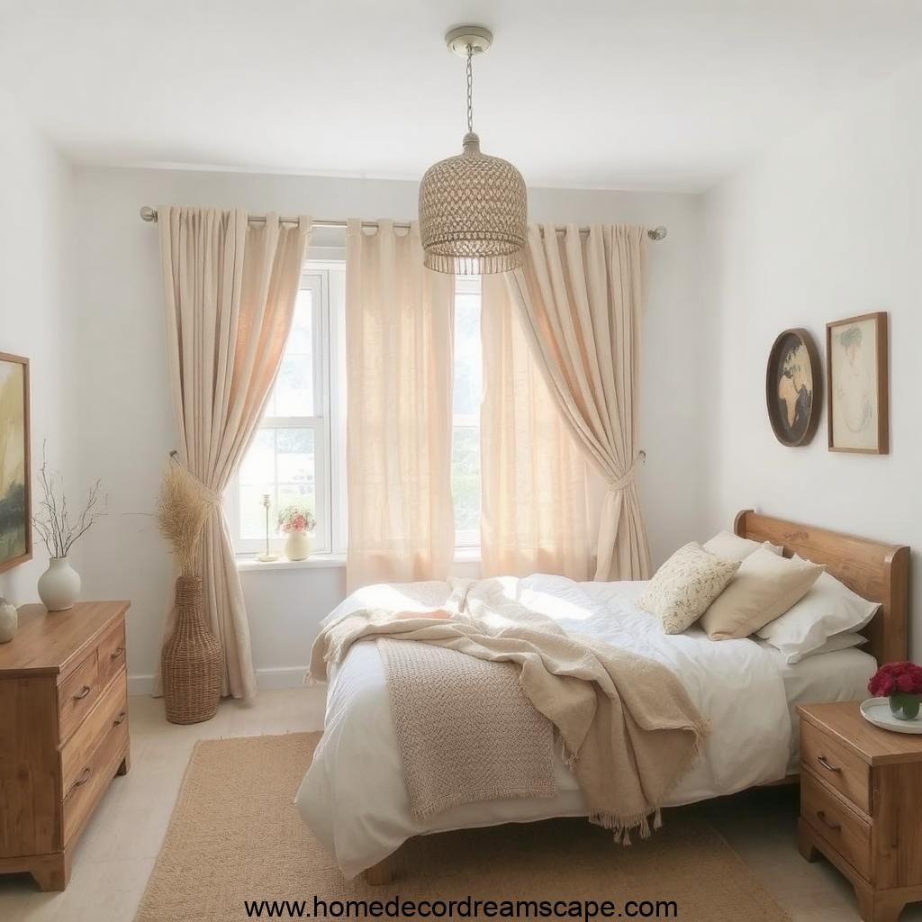 Warm and inviting living room with beige curtains and white walls for a neutral aesthetic. 