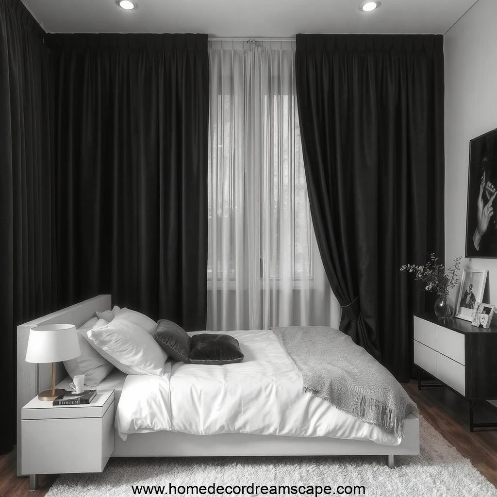Bold and stylish bedroom with black curtains adding contrast to white walls.