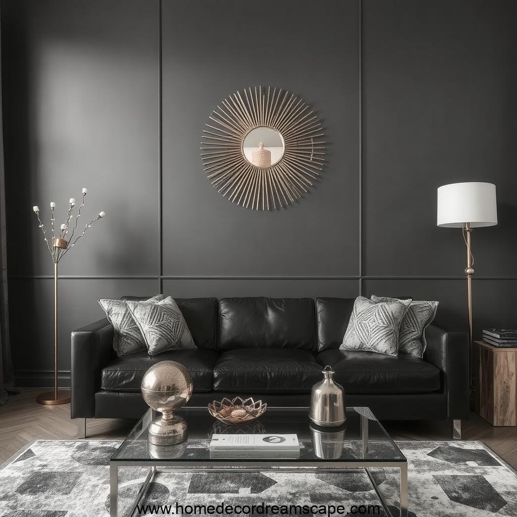 A modern living room with charcoal gray walls, a black sofa, and metallic accents.