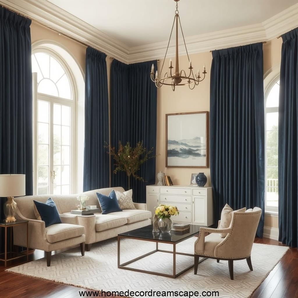 Navy blue curtains providing contrast to beige walls in an elegant living room.