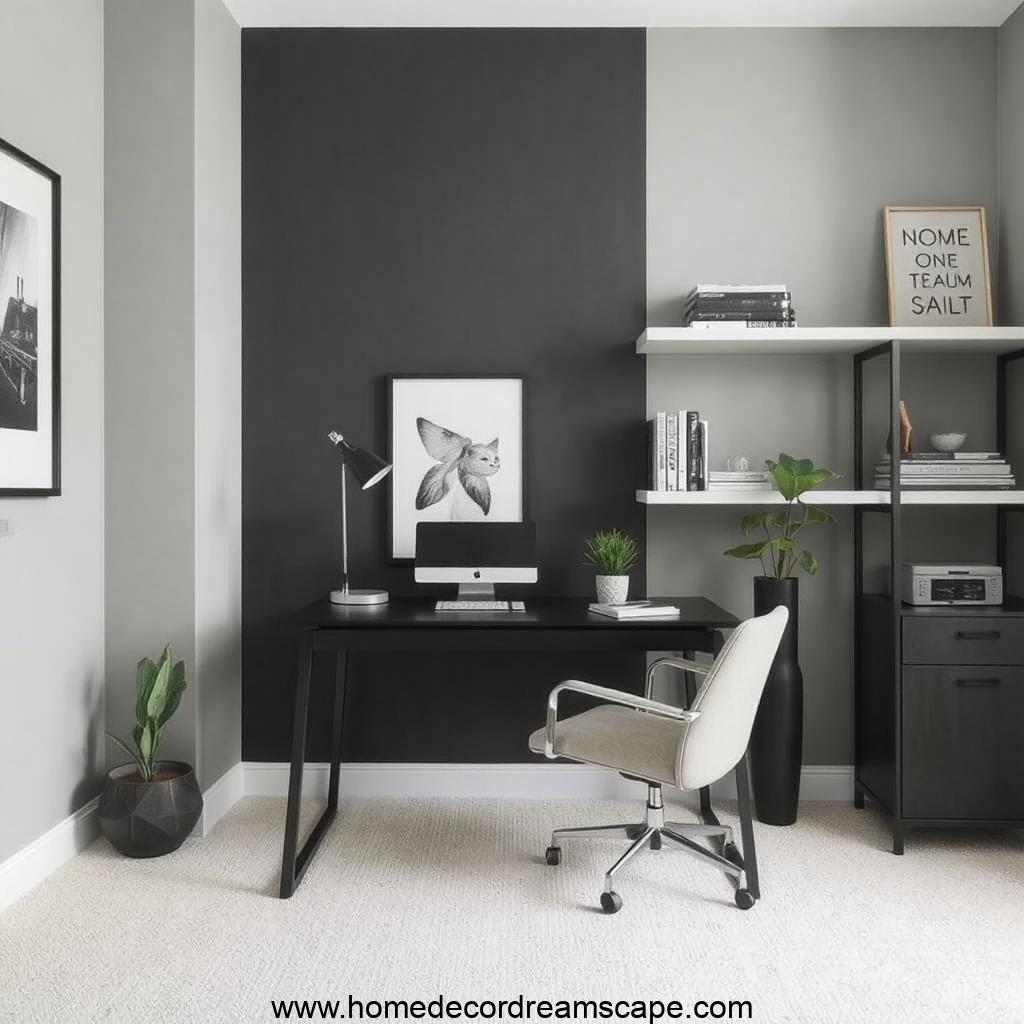Masculine home office with a charcoal gray accent wall and modern furniture.