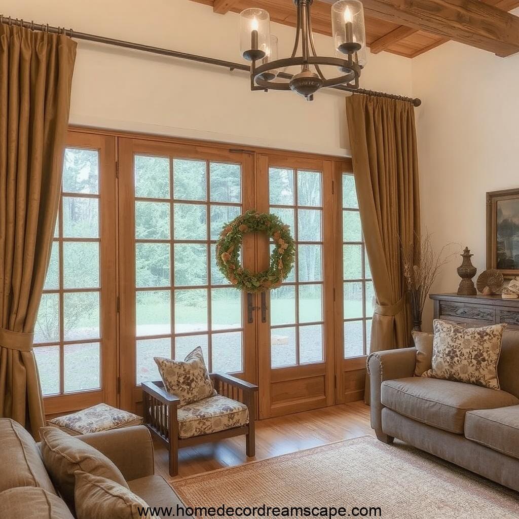 Cozy rustic living room featuring brown curtains with white walls for an earthy charm.