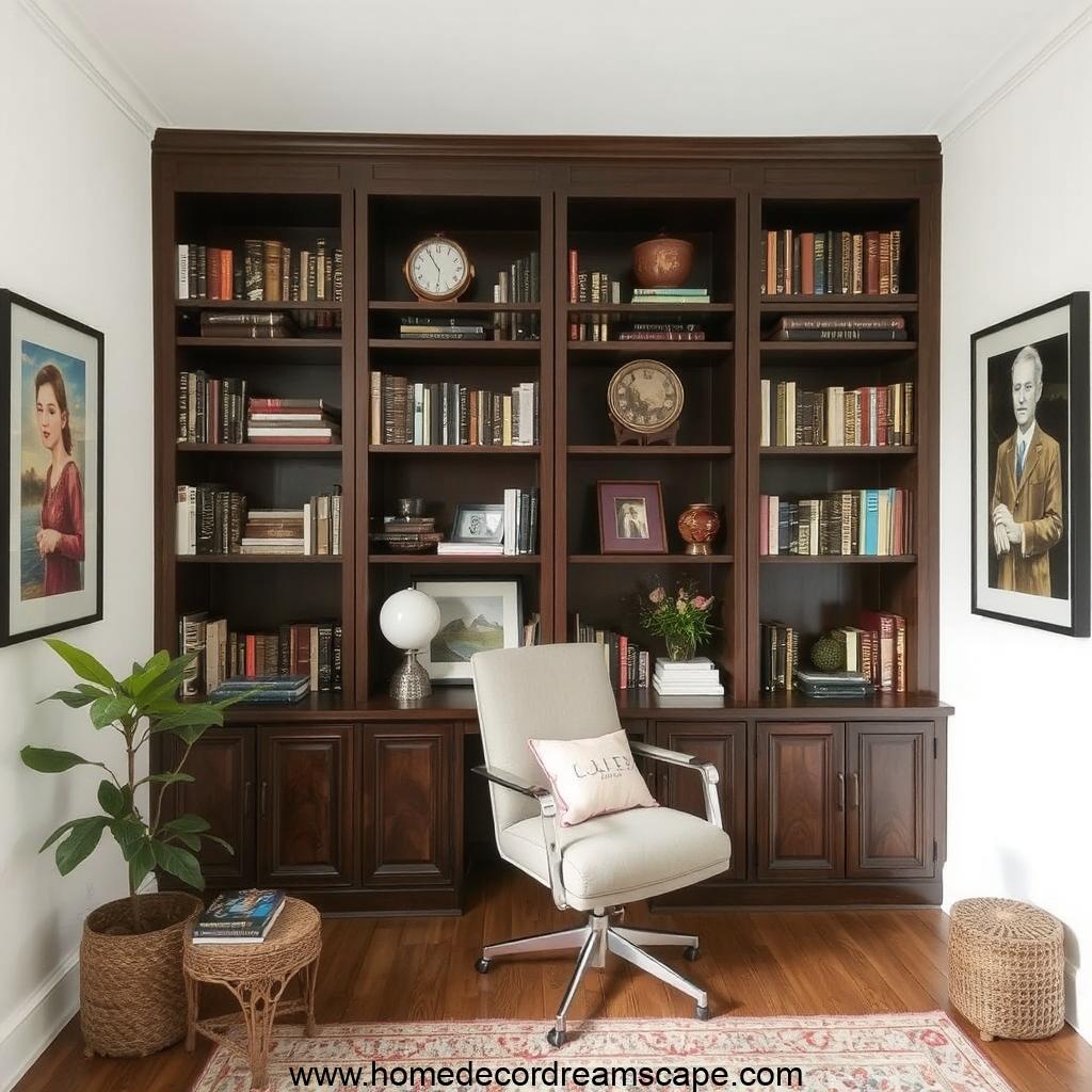 Masculine home office featuring built-in dark wood bookshelves with books and decor.