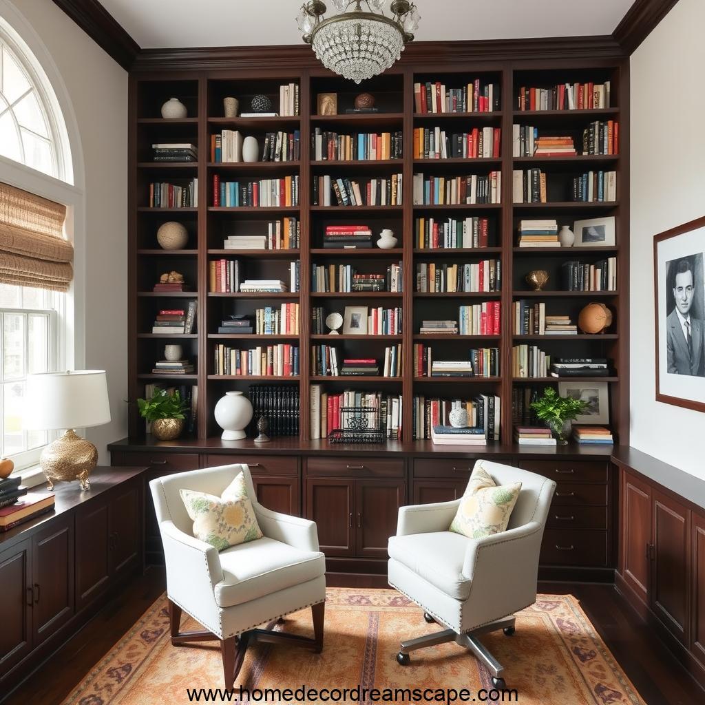 Floor-to-ceiling dark wood bookshelves in a masculine home office.