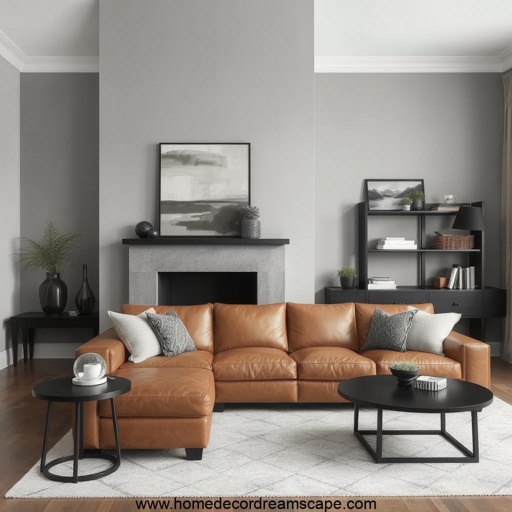 A stylish space with a cognac leather sofa, gray walls, and wooden details.