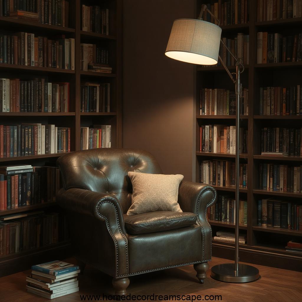 Cozy reading nook with a leather armchair and floor lamp in a masculine home office.