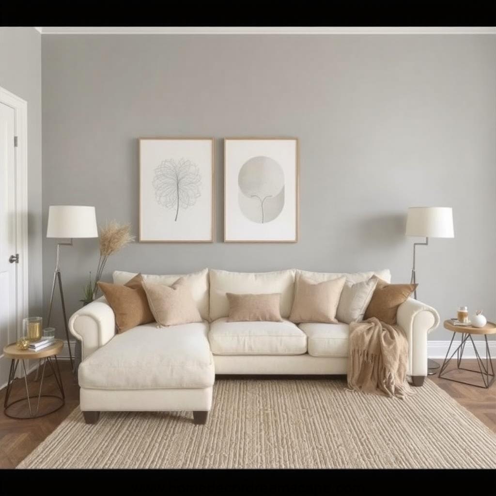 A cozy living room with a cream sofa, neutral cushions, and a beige rug against soft gray walls.