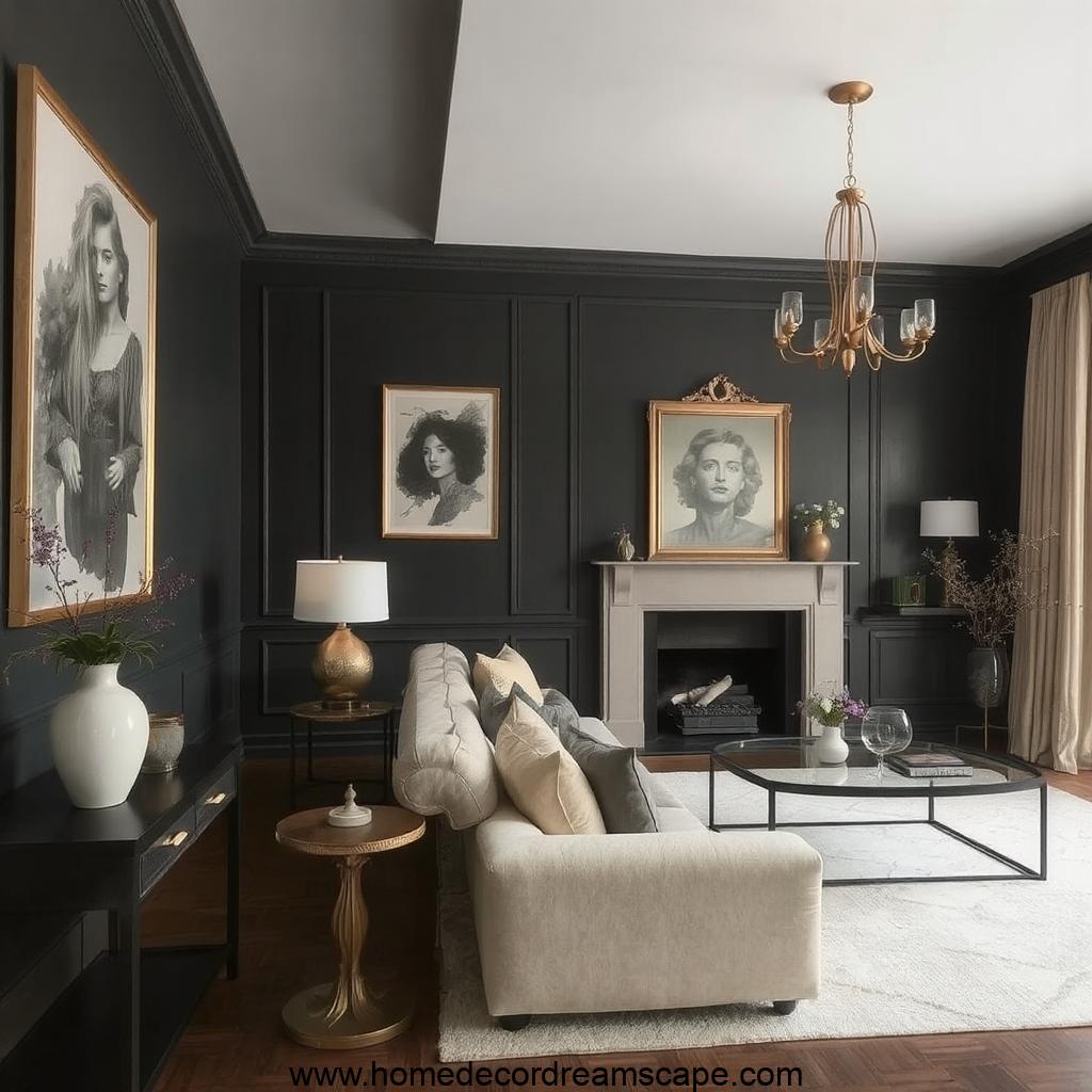 A cozy, sophisticated space with a cream sofa against charcoal walls and gold lighting.