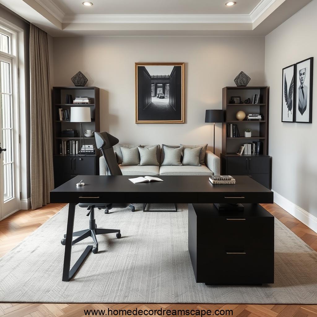 Home office with a modern black desk and a stylish sofa for a dual-purpose setup.