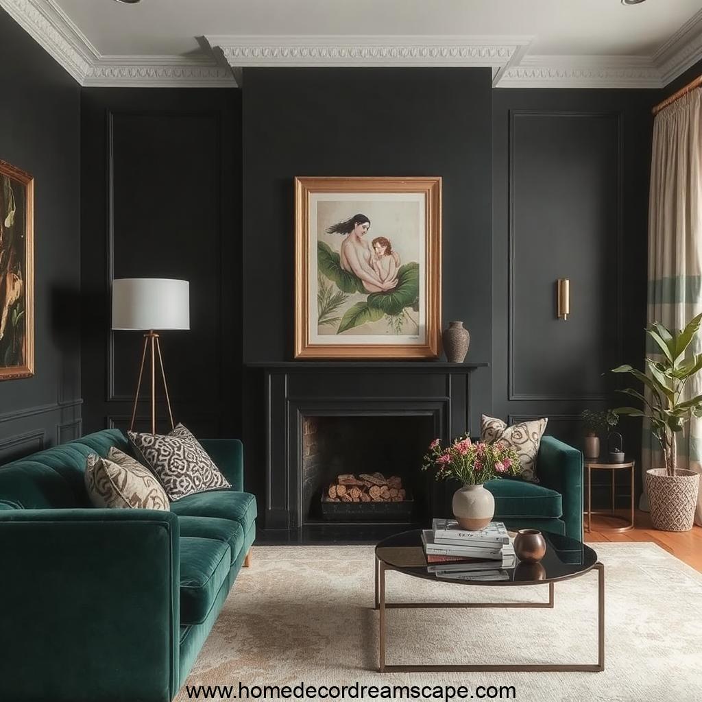 An elegant living space with an emerald green sofa, charcoal walls, and gold decor.
