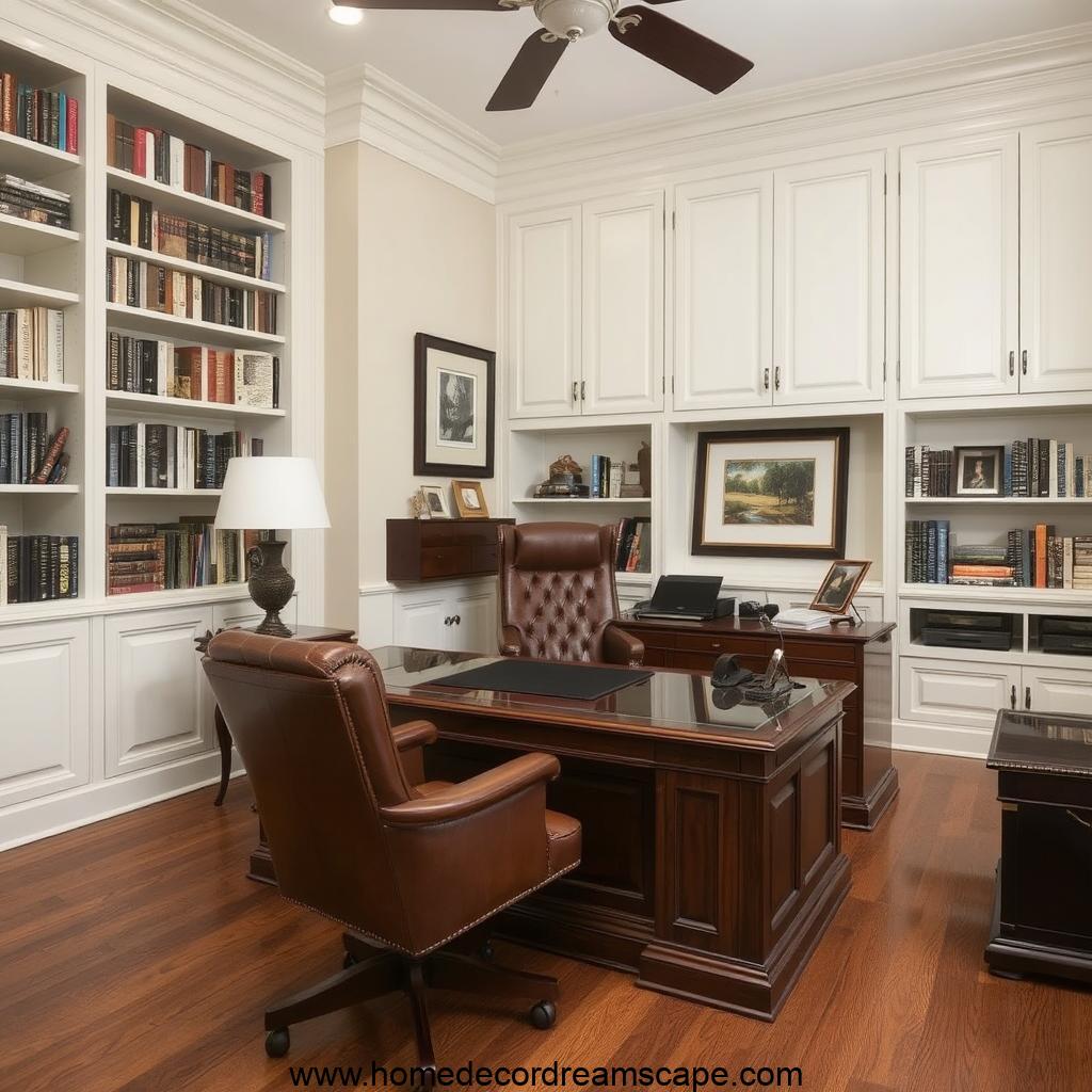 Masculine executive-style home office with a mahogany desk and leather chair.
