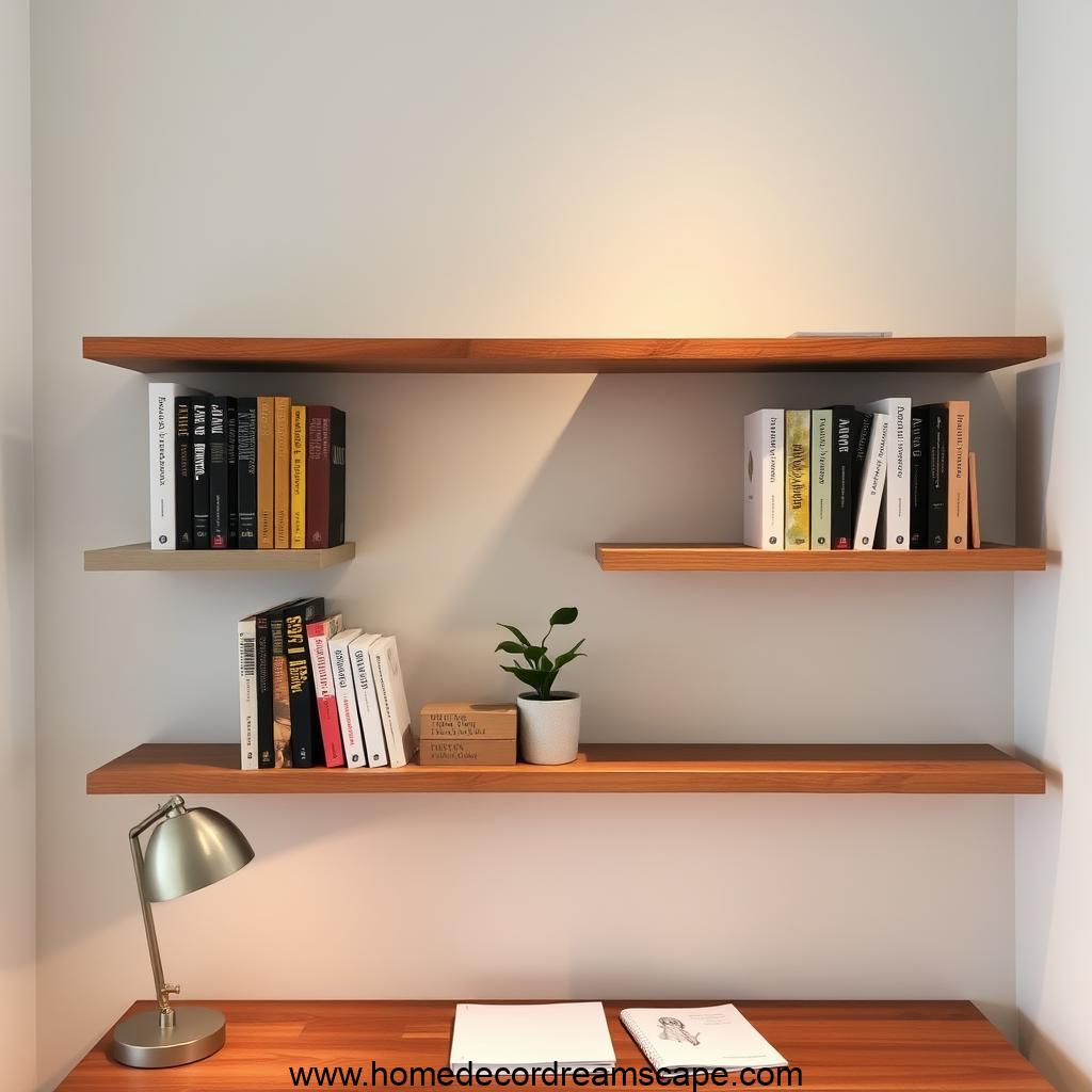 Floating wooden shelves with books and decor in a masculine home office.