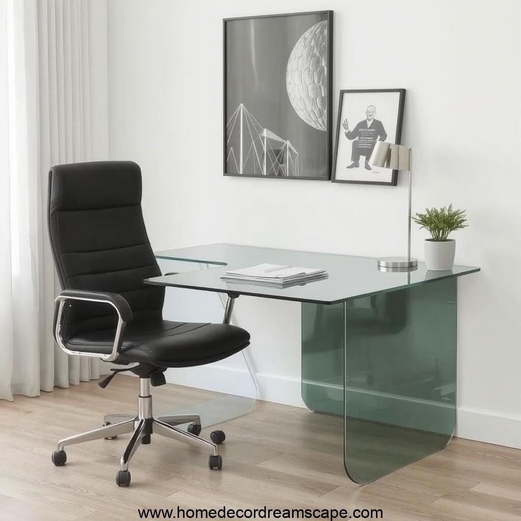 Sleek glass desk with a black chair in a modern masculine home office.