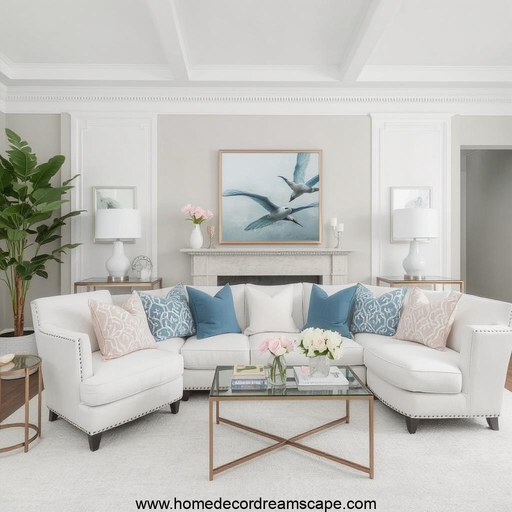 A modern gray and white living room with pastel blue and blush pink accents for a soft, elegant look.