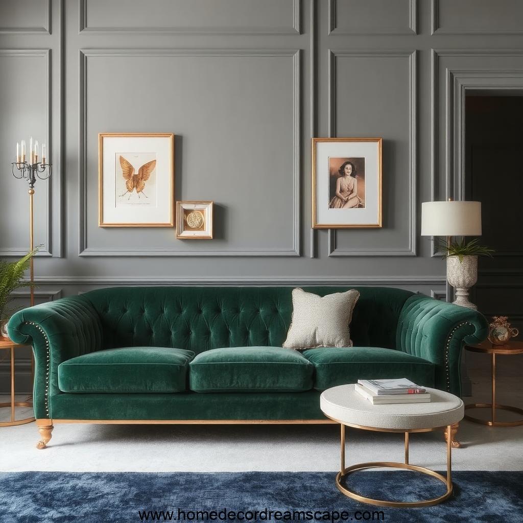 A stylish room with a green velvet sofa, gray walls, and elegant gold accents.