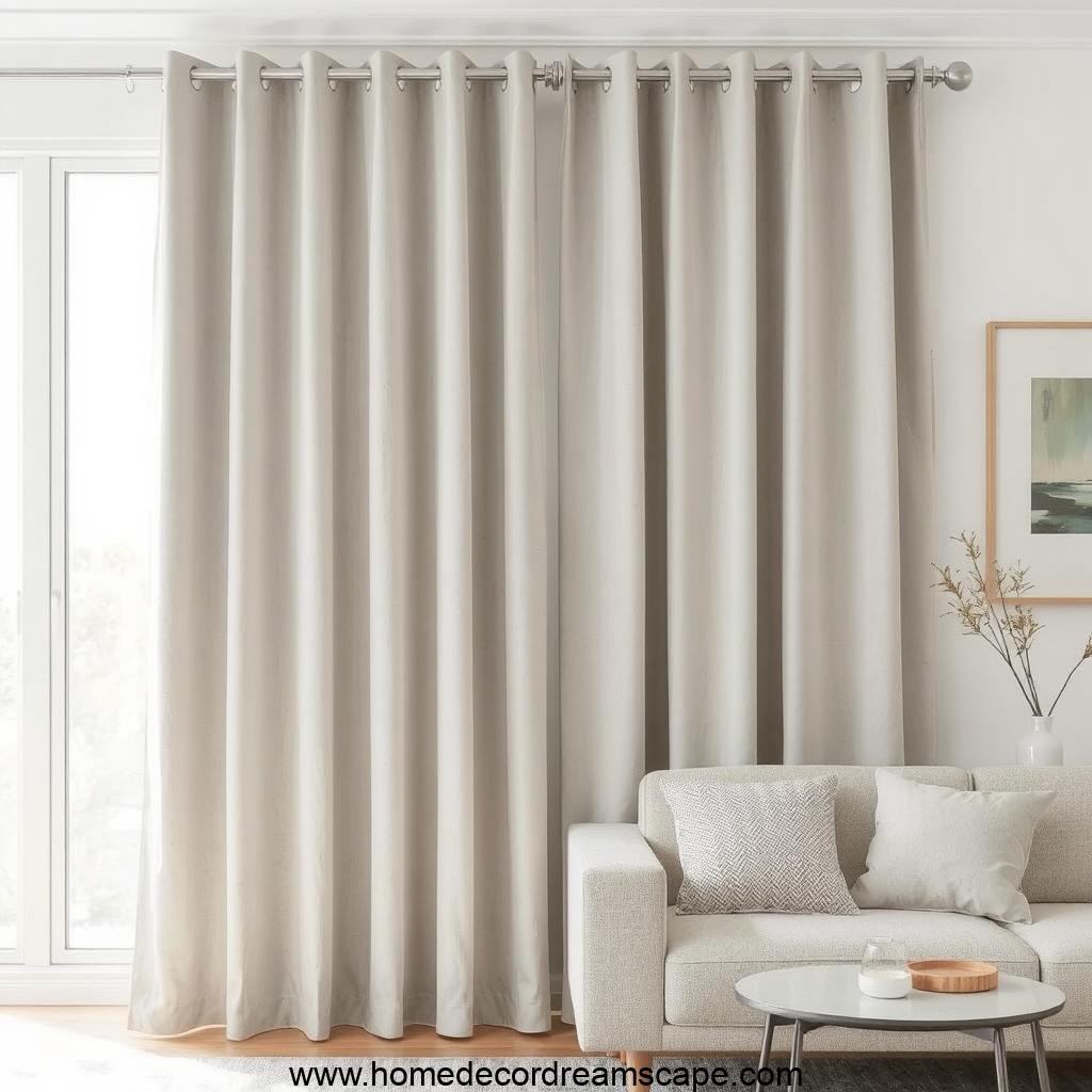 Stylish living room featuring grey curtains with white walls for a balanced, sophisticated look.