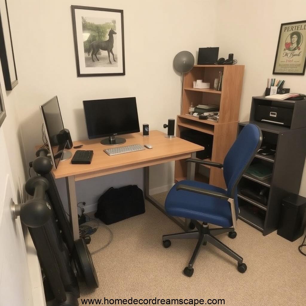 Masculine home office with a workout corner featuring dumbbells and an exercise mat.