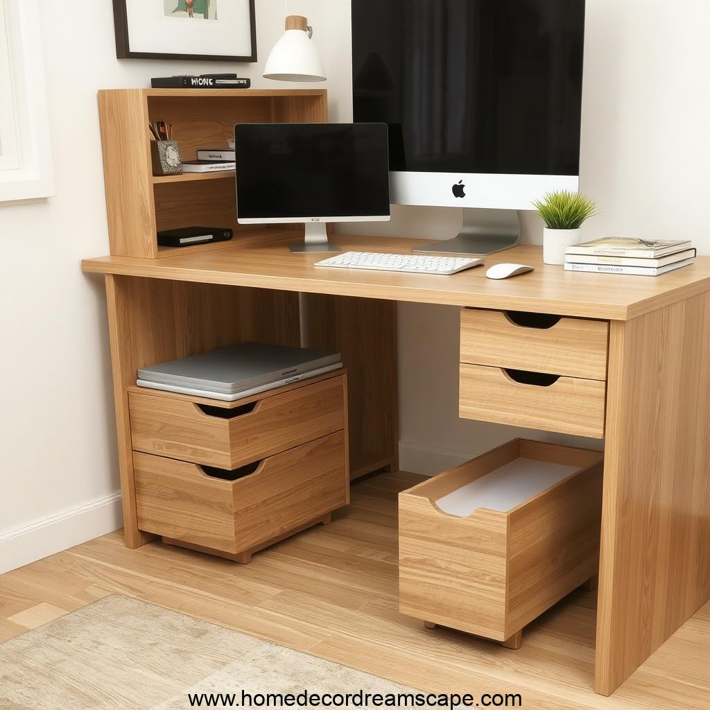 Modern masculine home office with a desk featuring hidden storage drawers