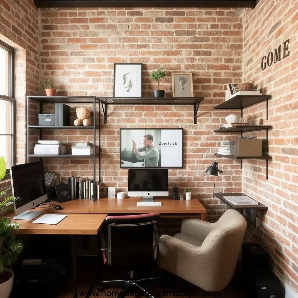 Masculine industrial home office with brick walls, metal shelves, and wooden desk.