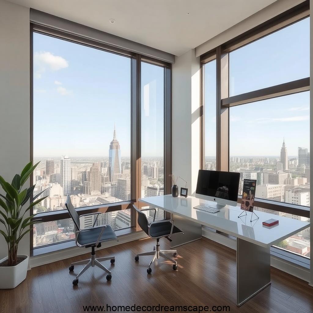 Masculine home office with a large window and a city skyline view.