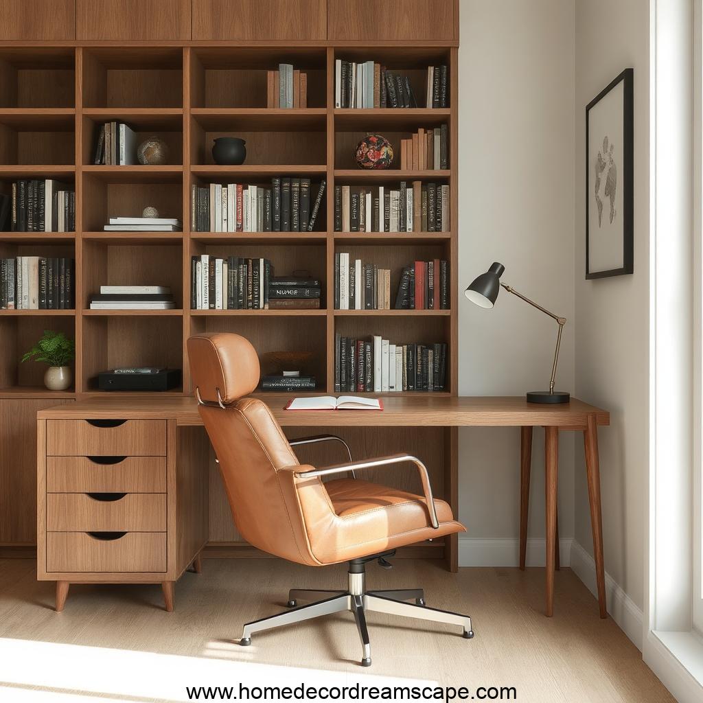 Brown leather office chair in a masculine home office with a wooden desk.
