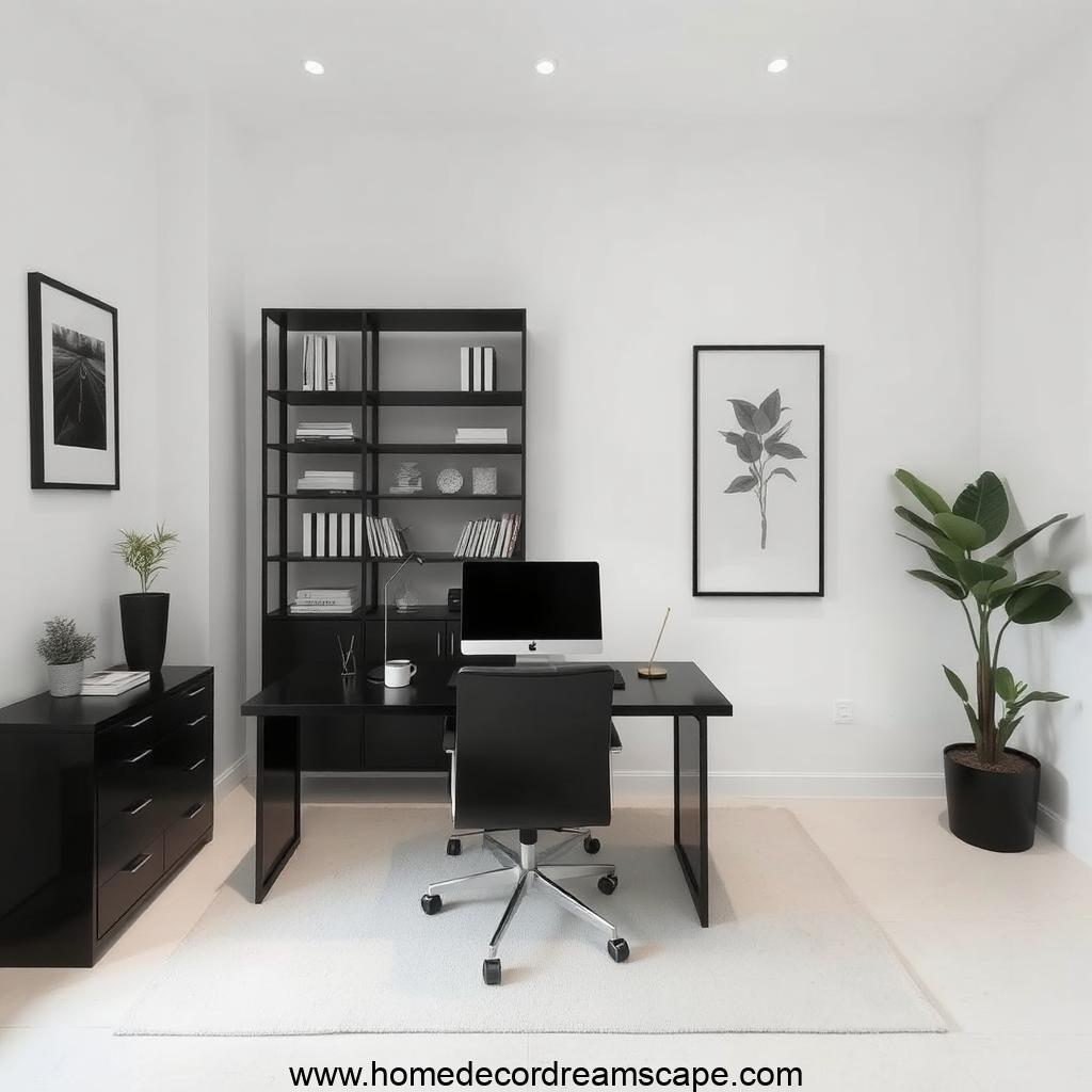 Modern minimalist home office with a black desk and white walls.
