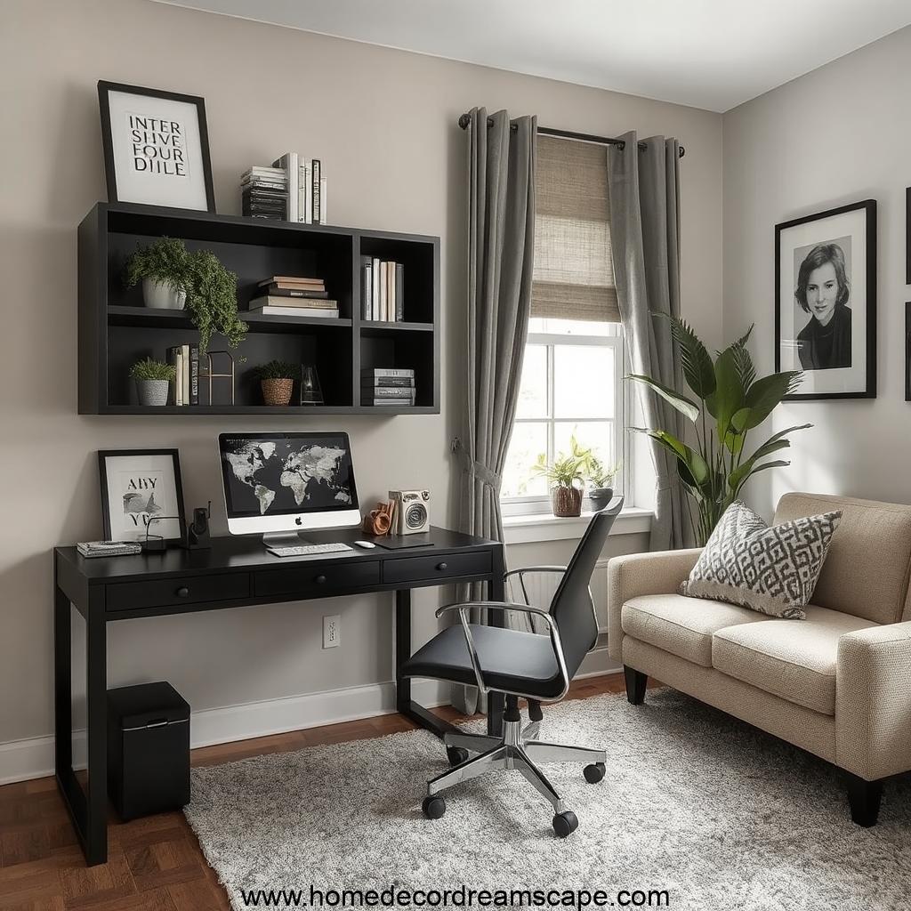 Monochrome-themed masculine home office with a black desk and white walls.