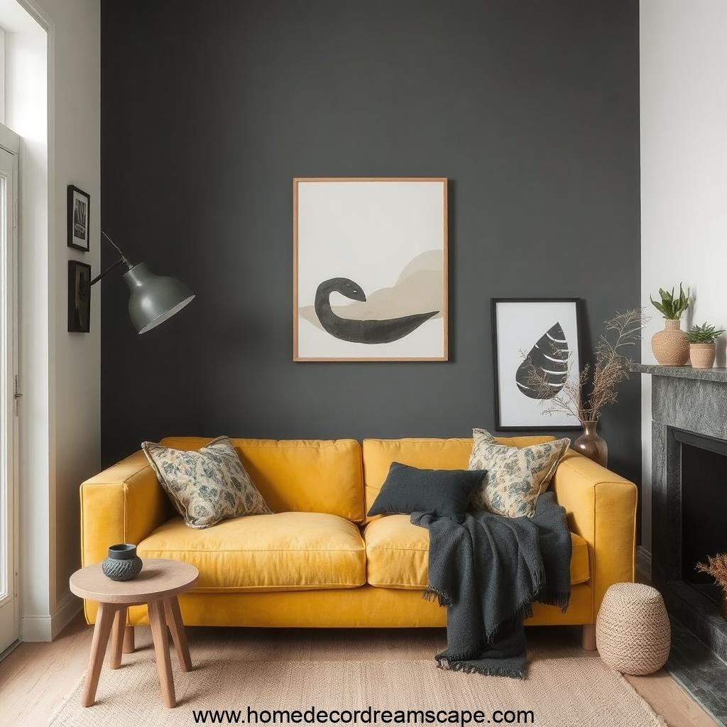 A mustard yellow sofa in a gray-walled living room with warm wood and black accents.