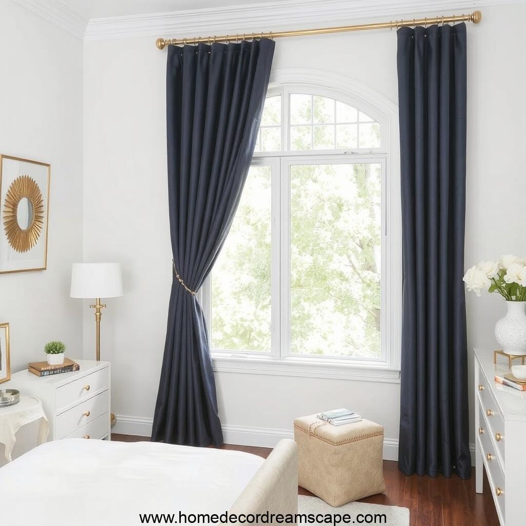 Elegant bedroom with navy blue curtains contrasting against crisp white walls.