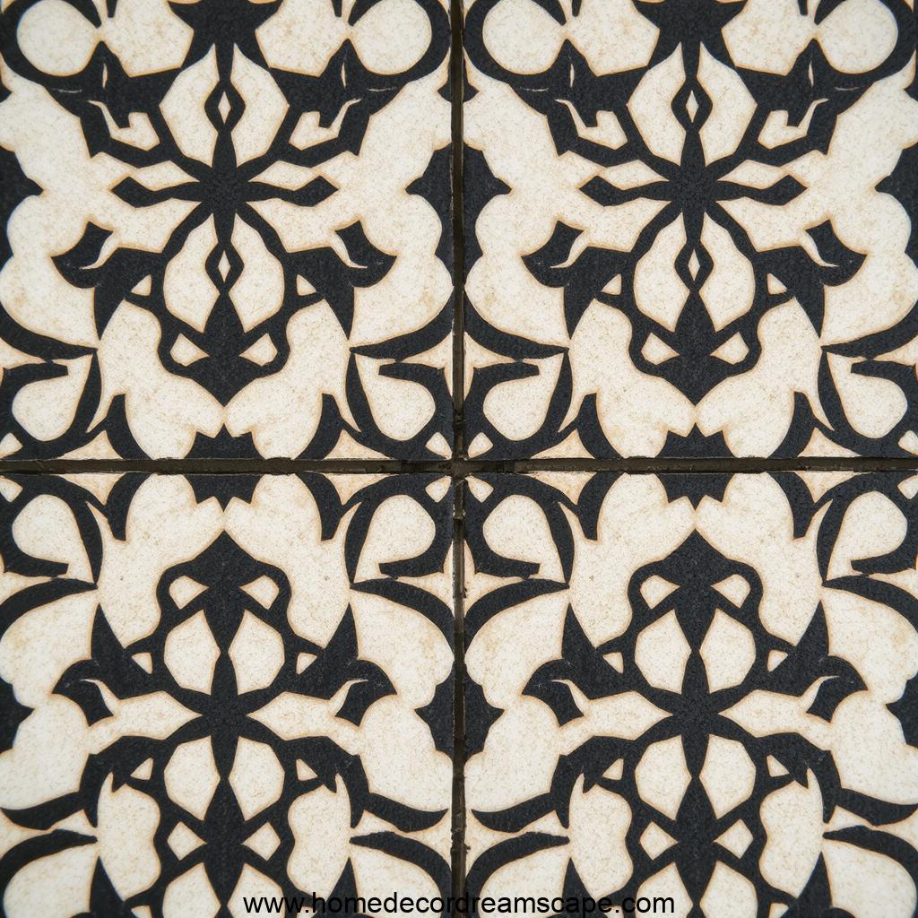 Patterned tile with black grout, emphasizing the tile's unique design.