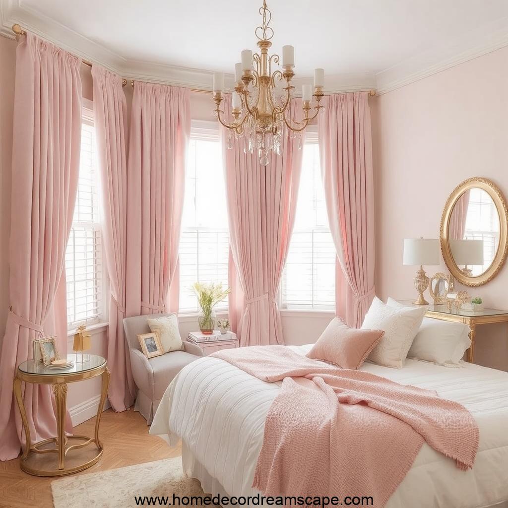 Soft and elegant bedroom with blush pink curtains and white walls for a romantic touch.