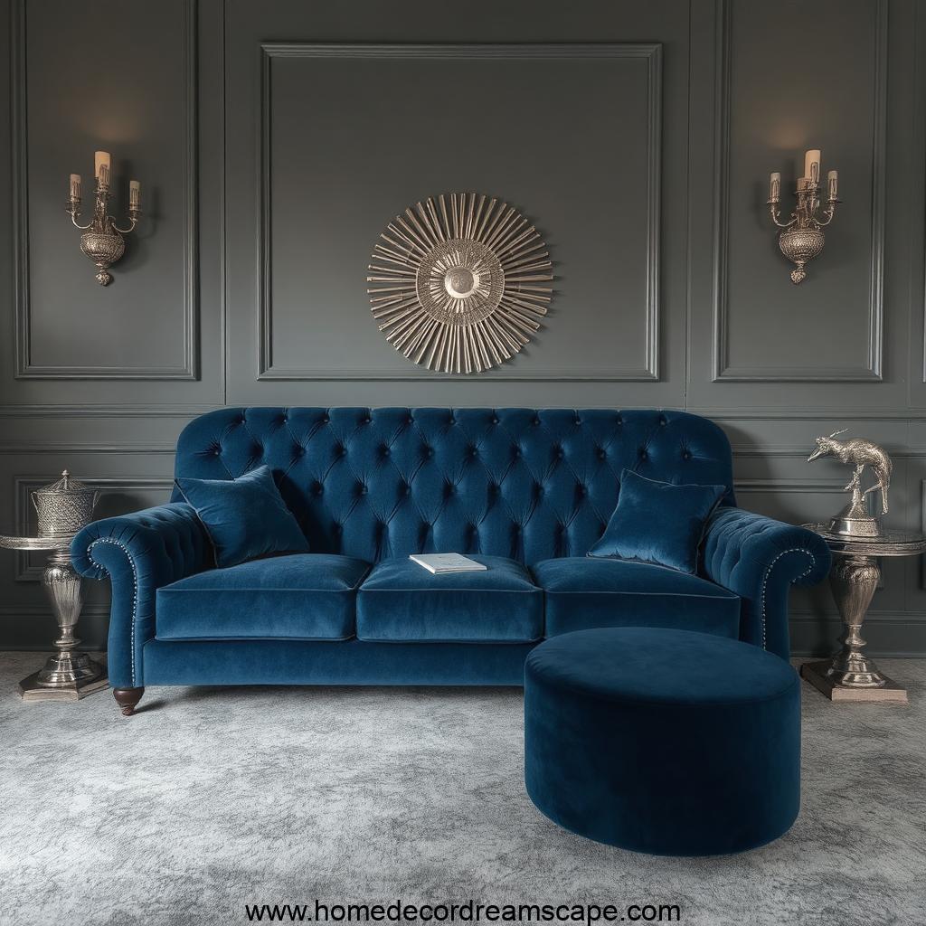 A stylish living room with a royal blue velvet sofa against soft gray walls.