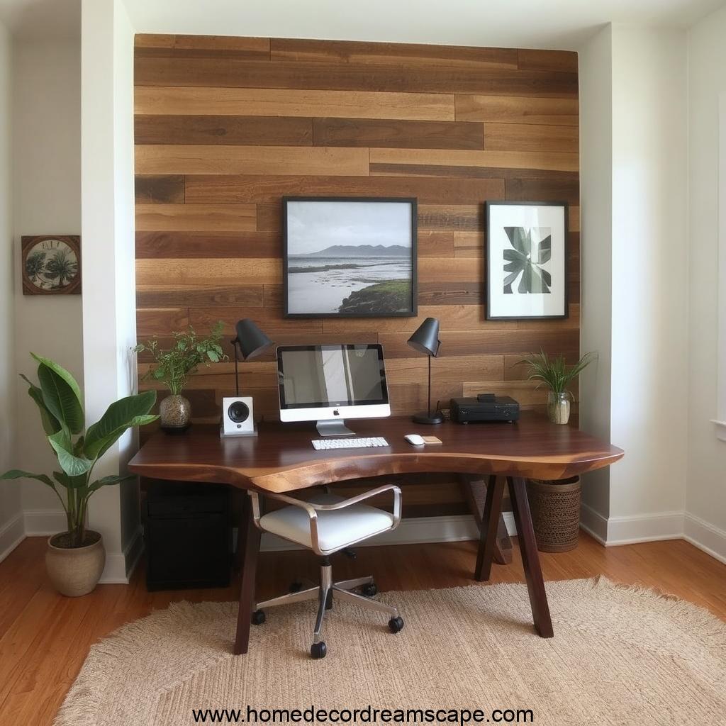 Masculine home office featuring a live-edge wooden desk and rustic wood elements. 