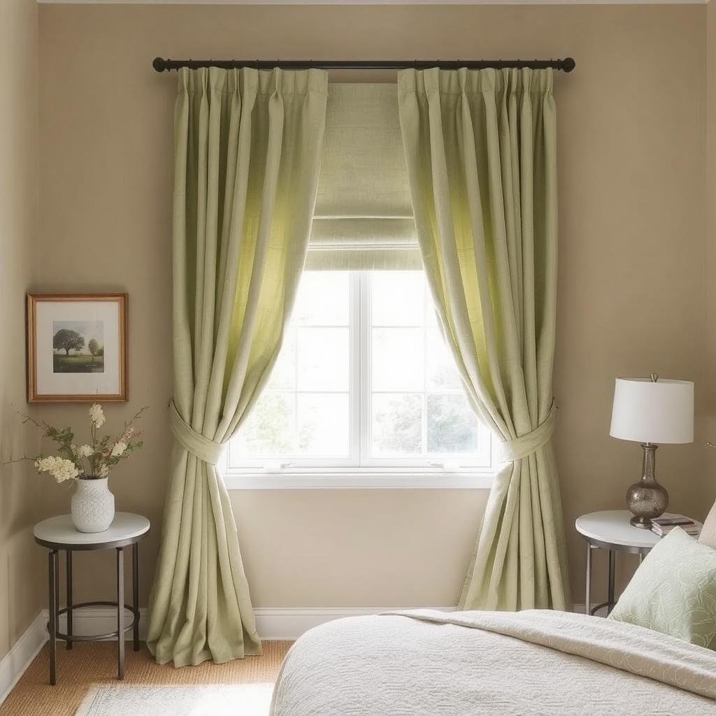 Sage green curtains adding a fresh and earthy touch to taupe walls.