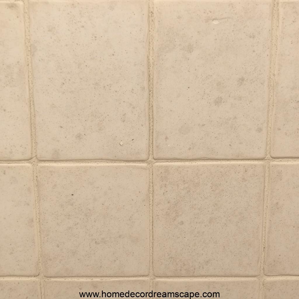 Black grout in a shower, displaying soap scum and hard water stains.