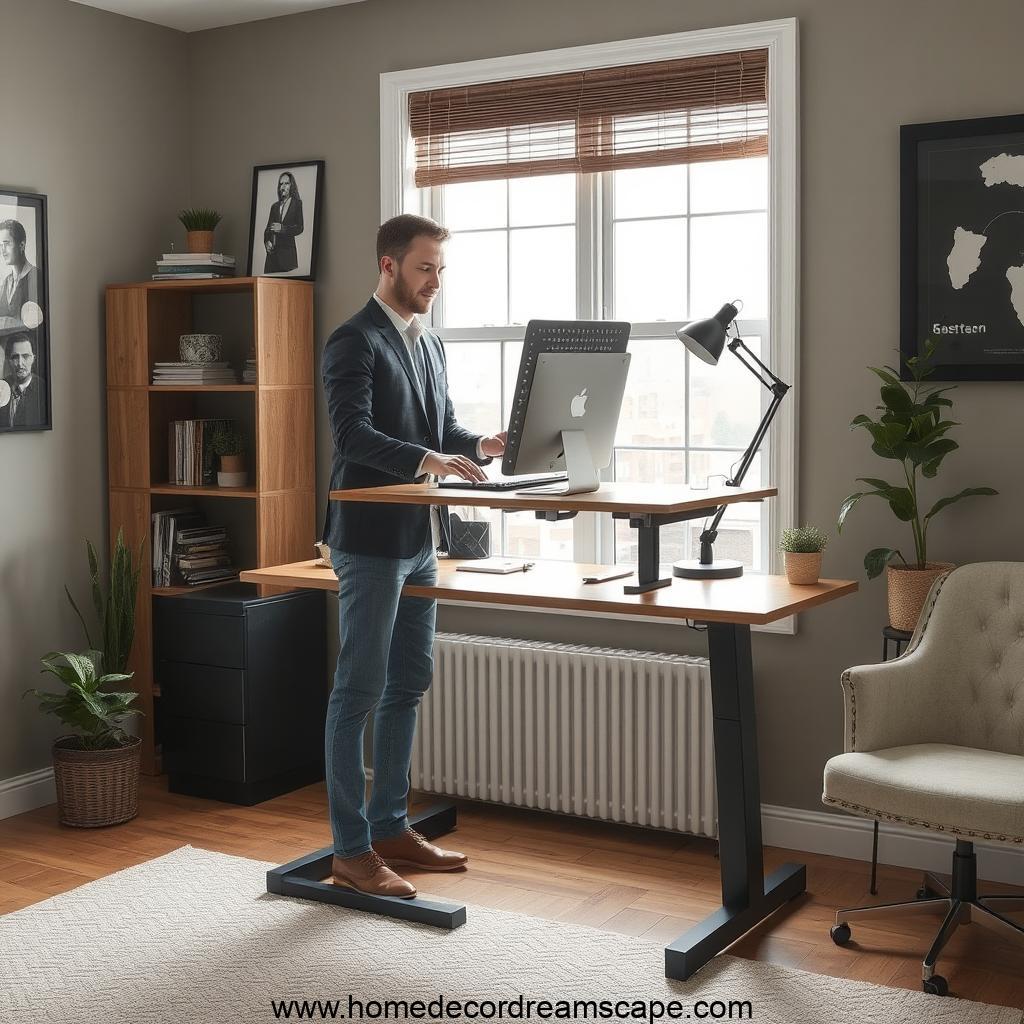 Modern masculine home office featuring an adjustable standing desk and ergonomic setup.