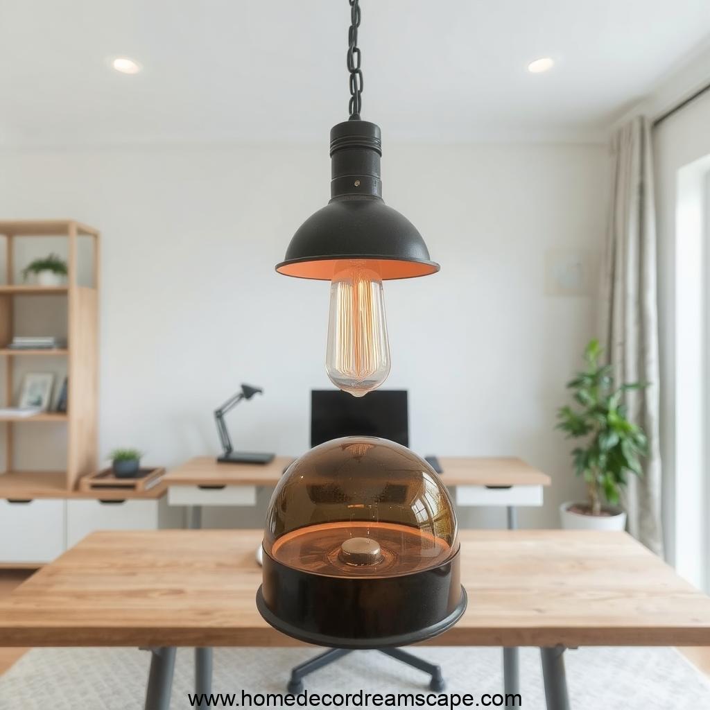 Industrial pendant light over a wooden desk in a masculine home office.