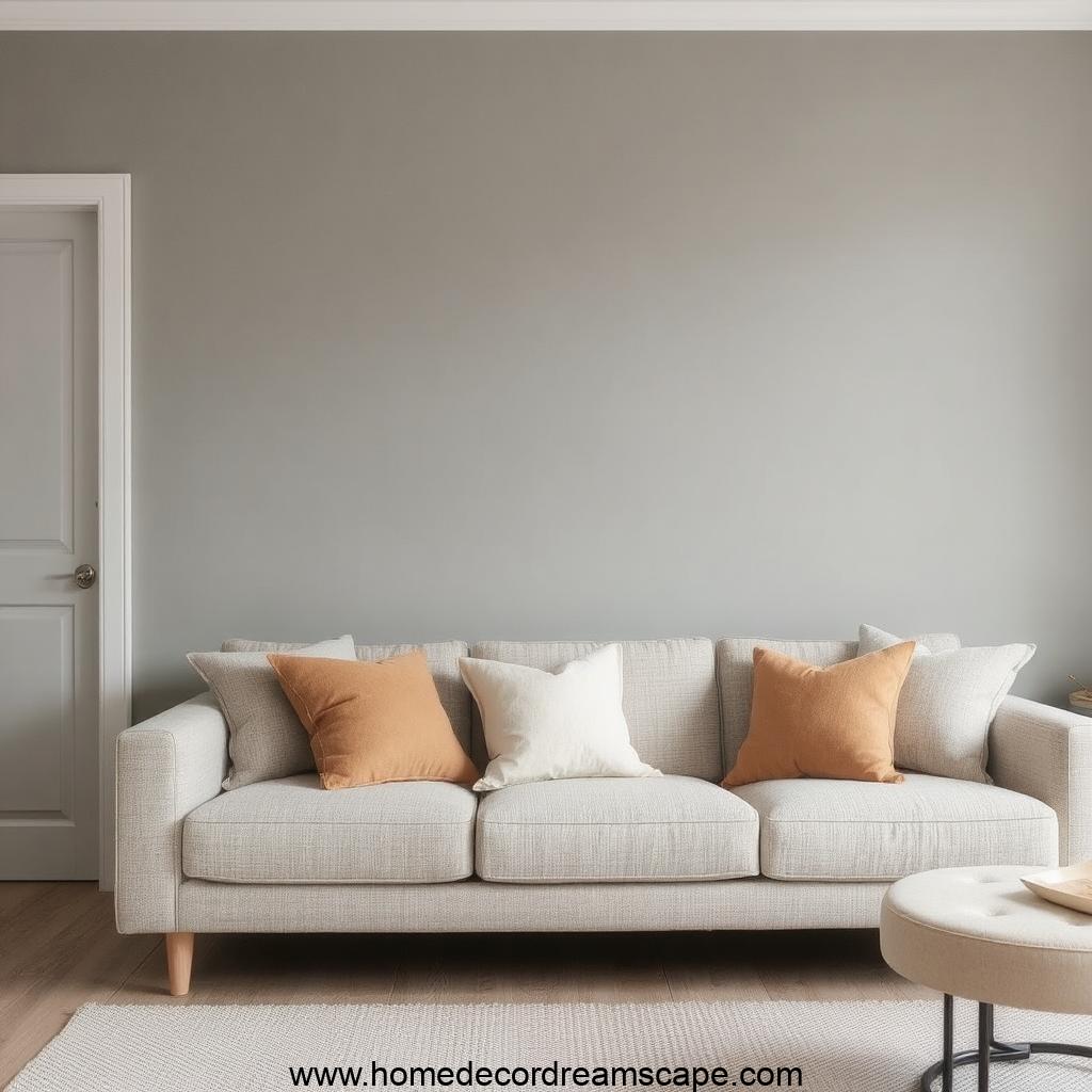 A modern living room with medium gray walls and a taupe sofa with neutral decor.
