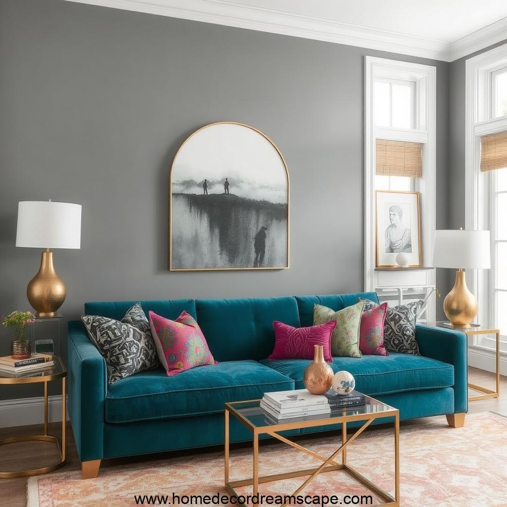 A contemporary space featuring a teal sofa, gray walls, and gold decor elements.