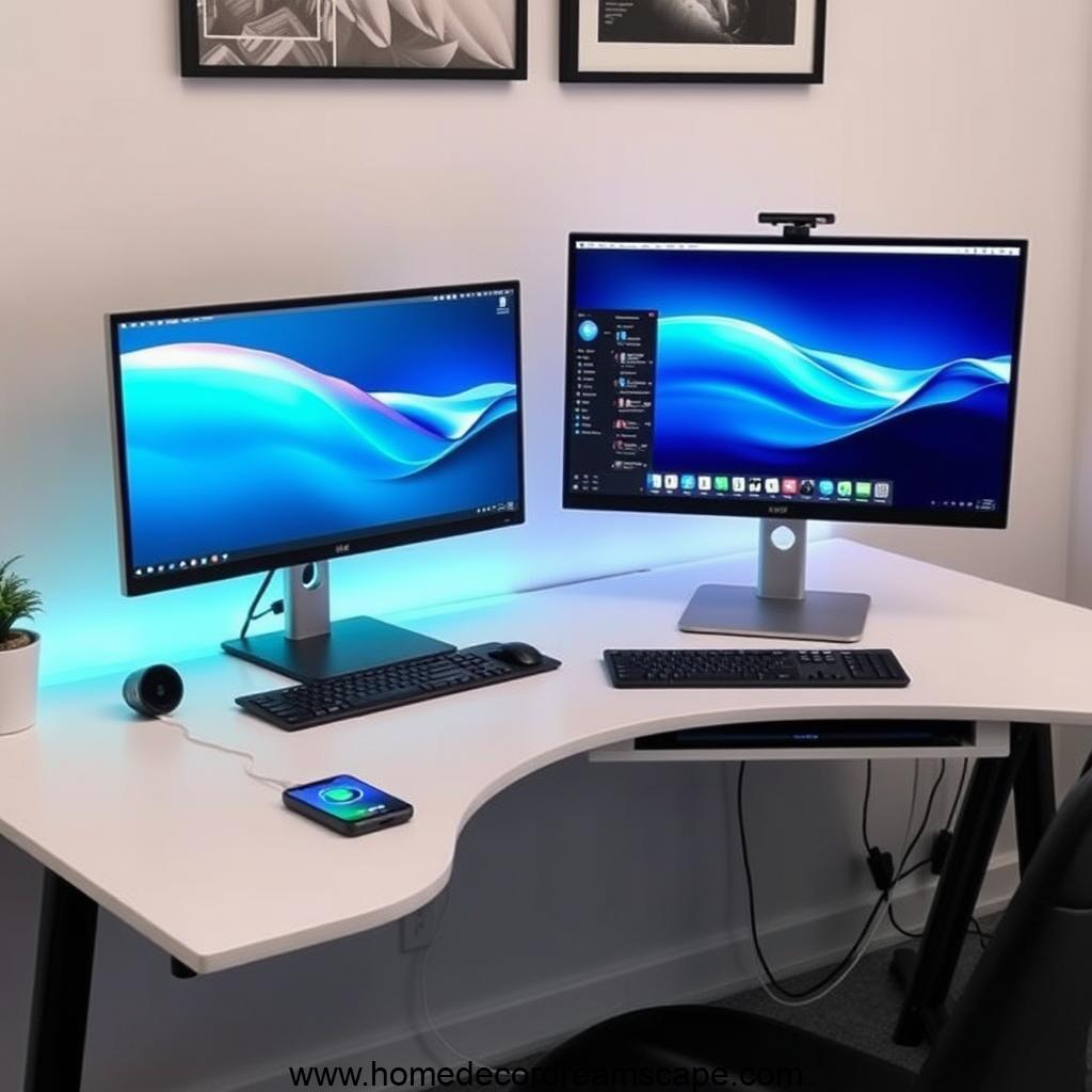 Smart home office with dual monitors, wireless charger, and modern cable management.