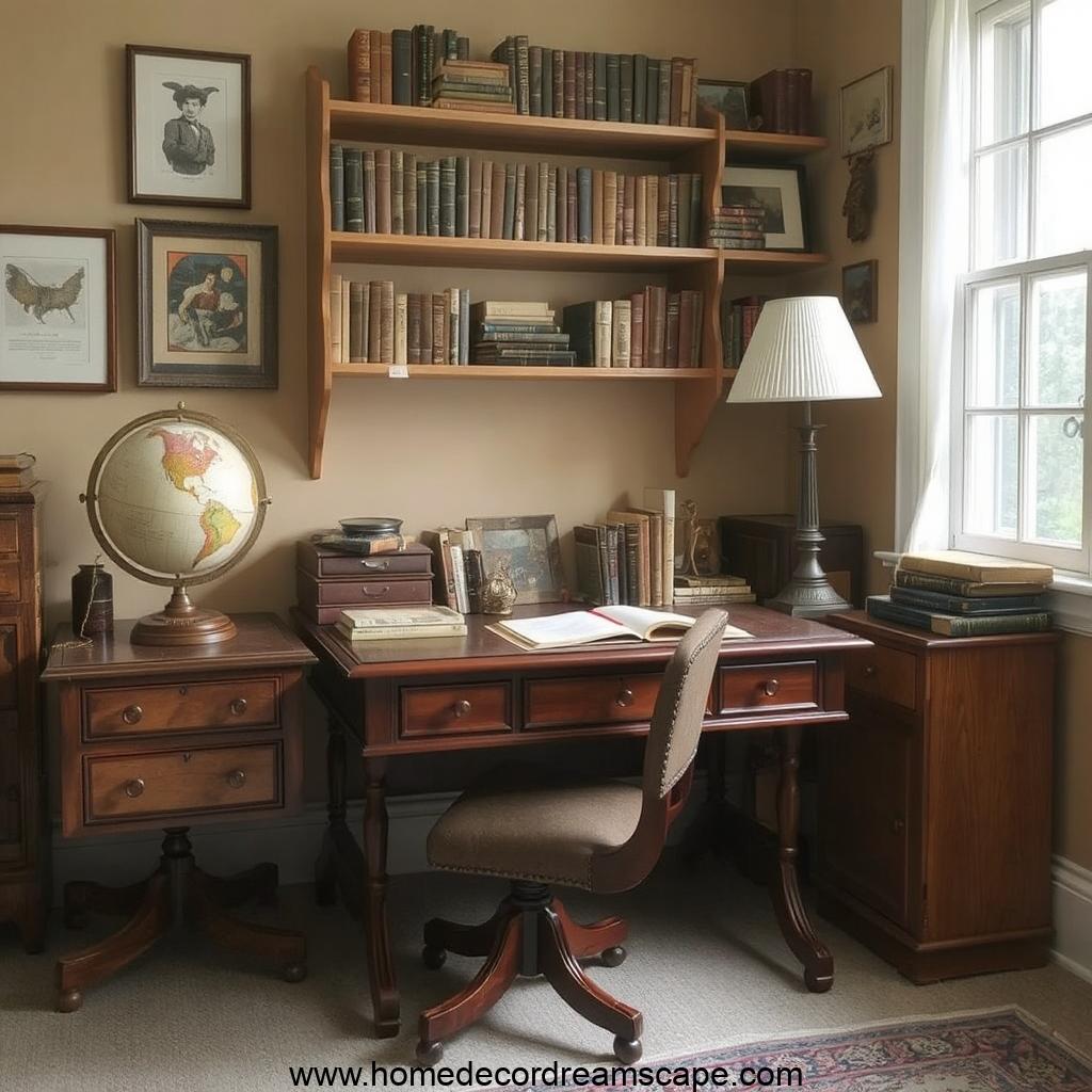 Masculine vintage-style home office with a wooden desk, globe, and books.