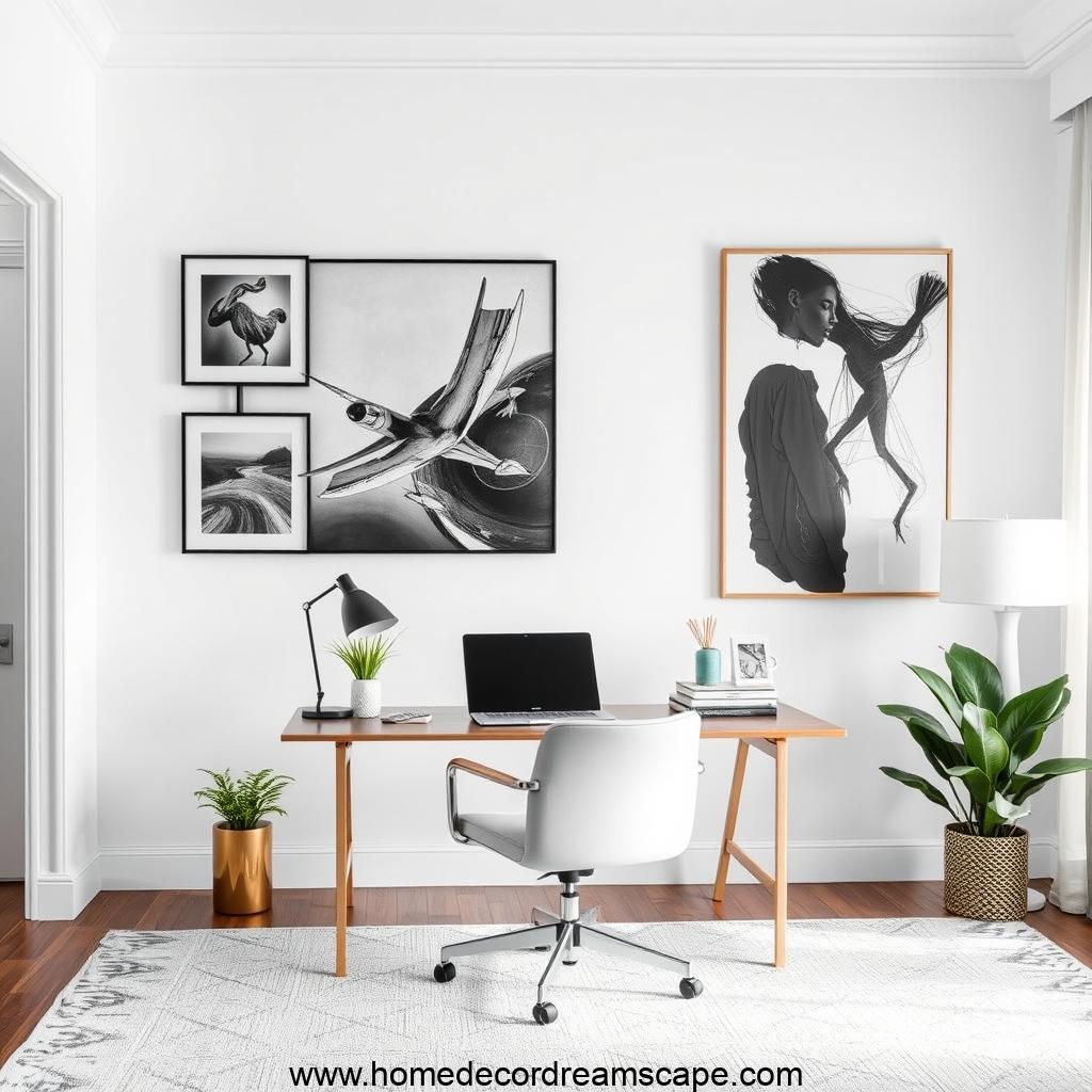 Masculine home office with framed black-and-white and abstract art.