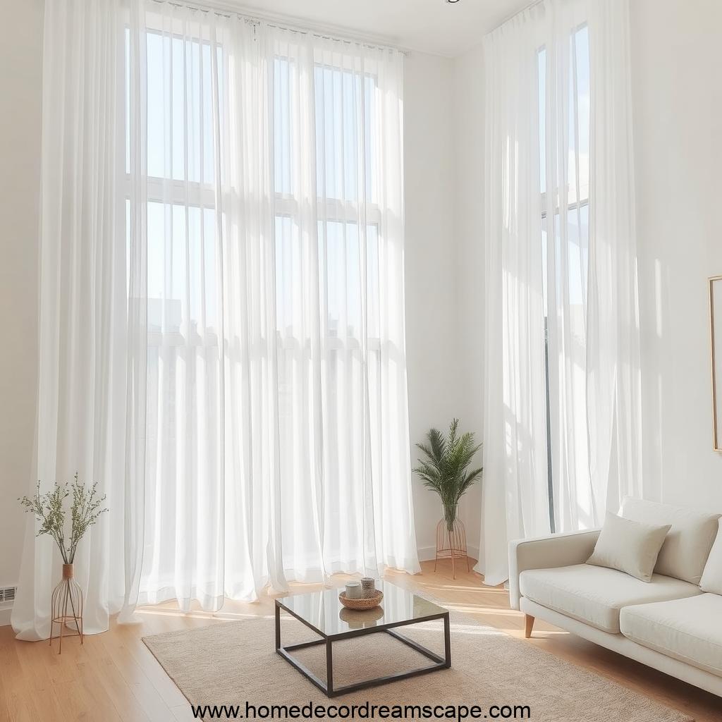 Minimalist living room with white curtains and white walls for an airy, elegant look.