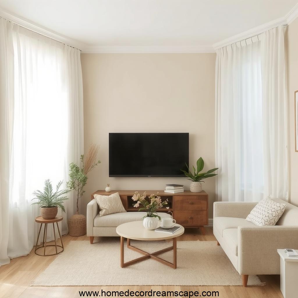 White curtains hanging in a bright living room with beige walls.