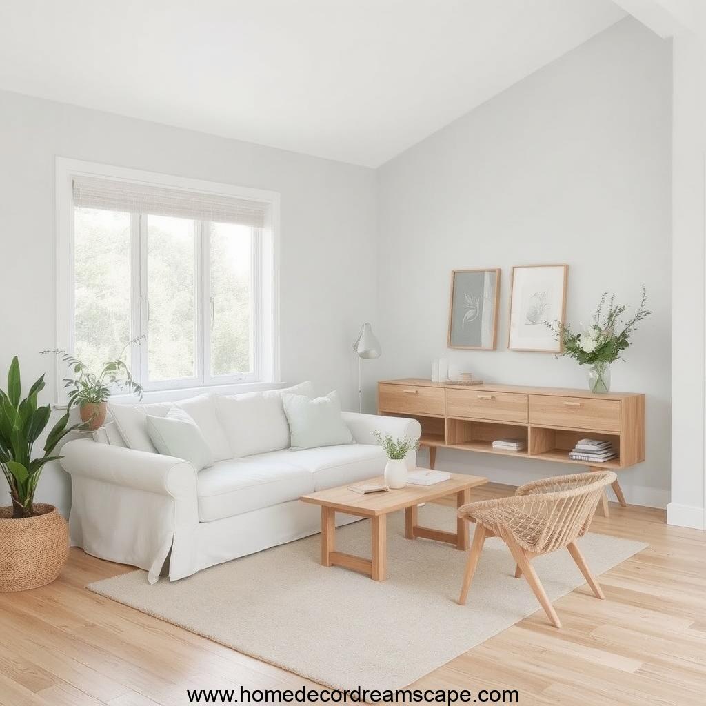 A minimalist living room with a white sofa and wooden accents against light gray walls.